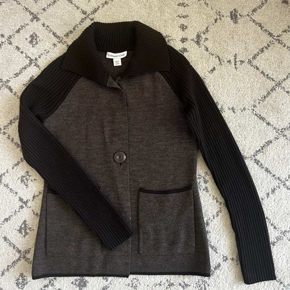 Coldwater Creek Brown Black Wool Blend Ribbed Cardigan Sweater size XS Academia